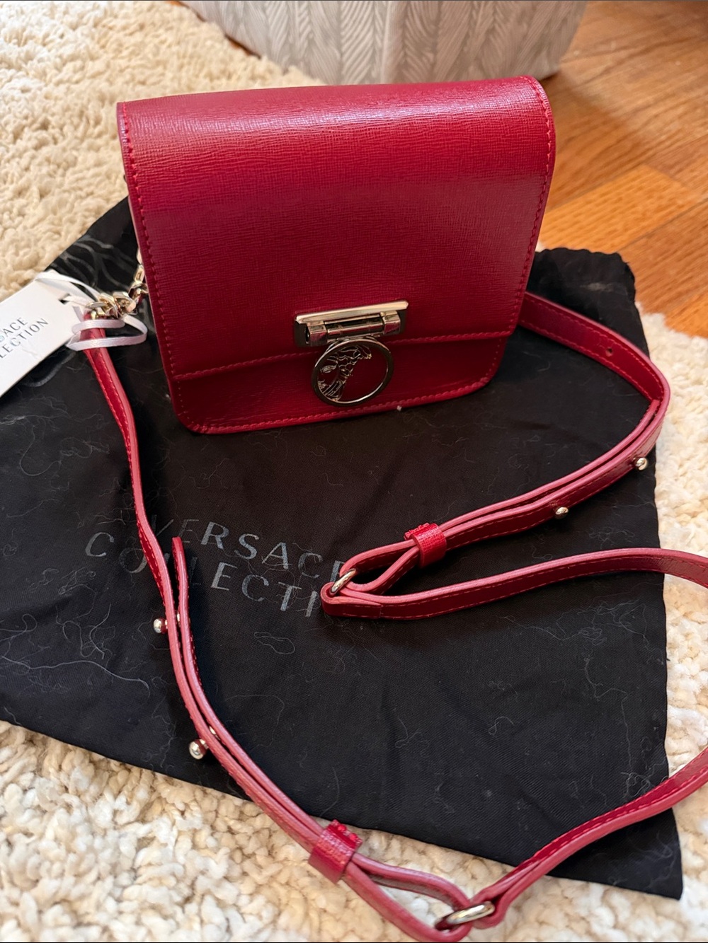 Versace Collection Red Saffiano Leather Crossbody with Gold-Tone Medallion